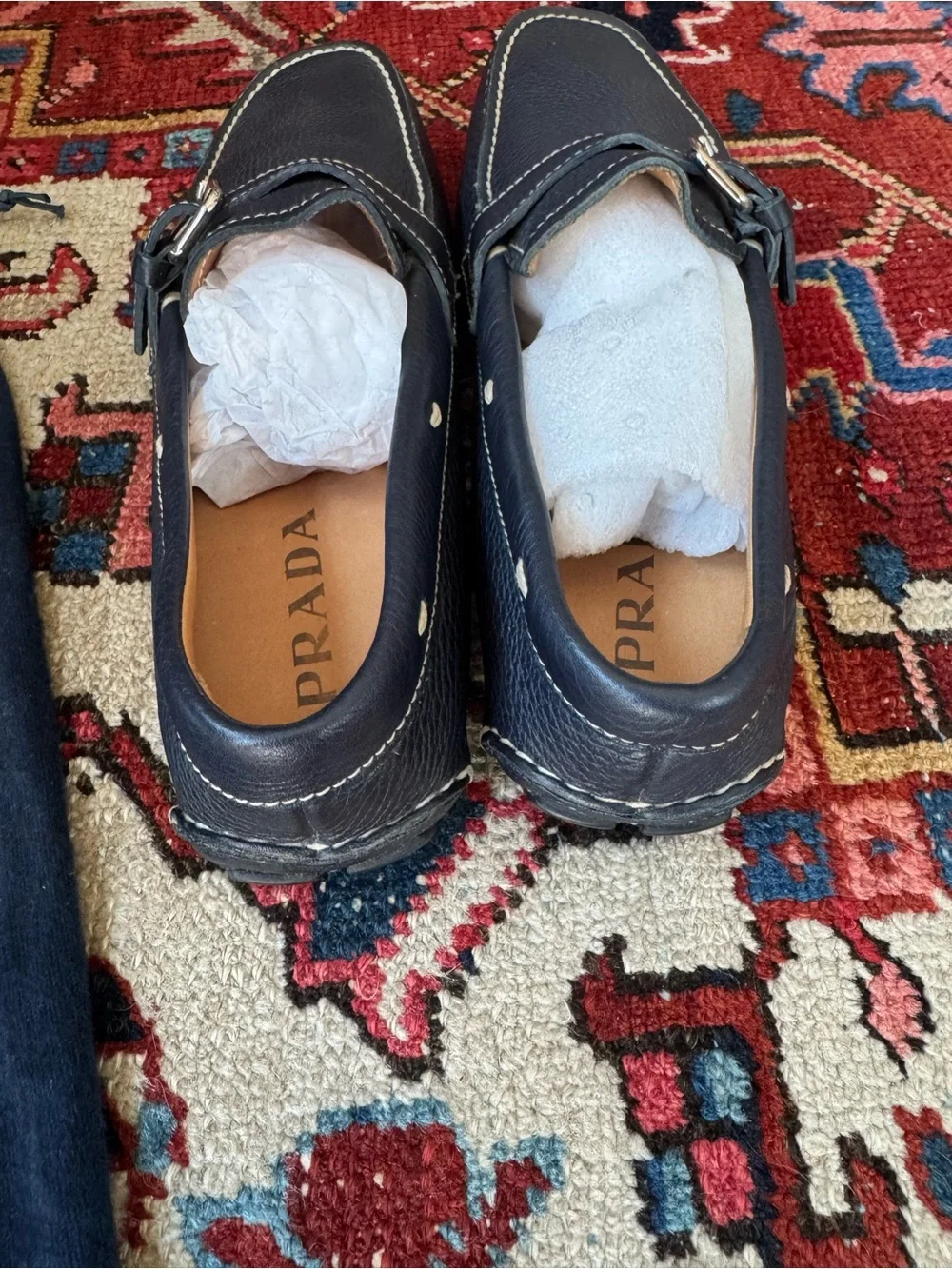 Prada Navy Blue Leather Buckle Loafers